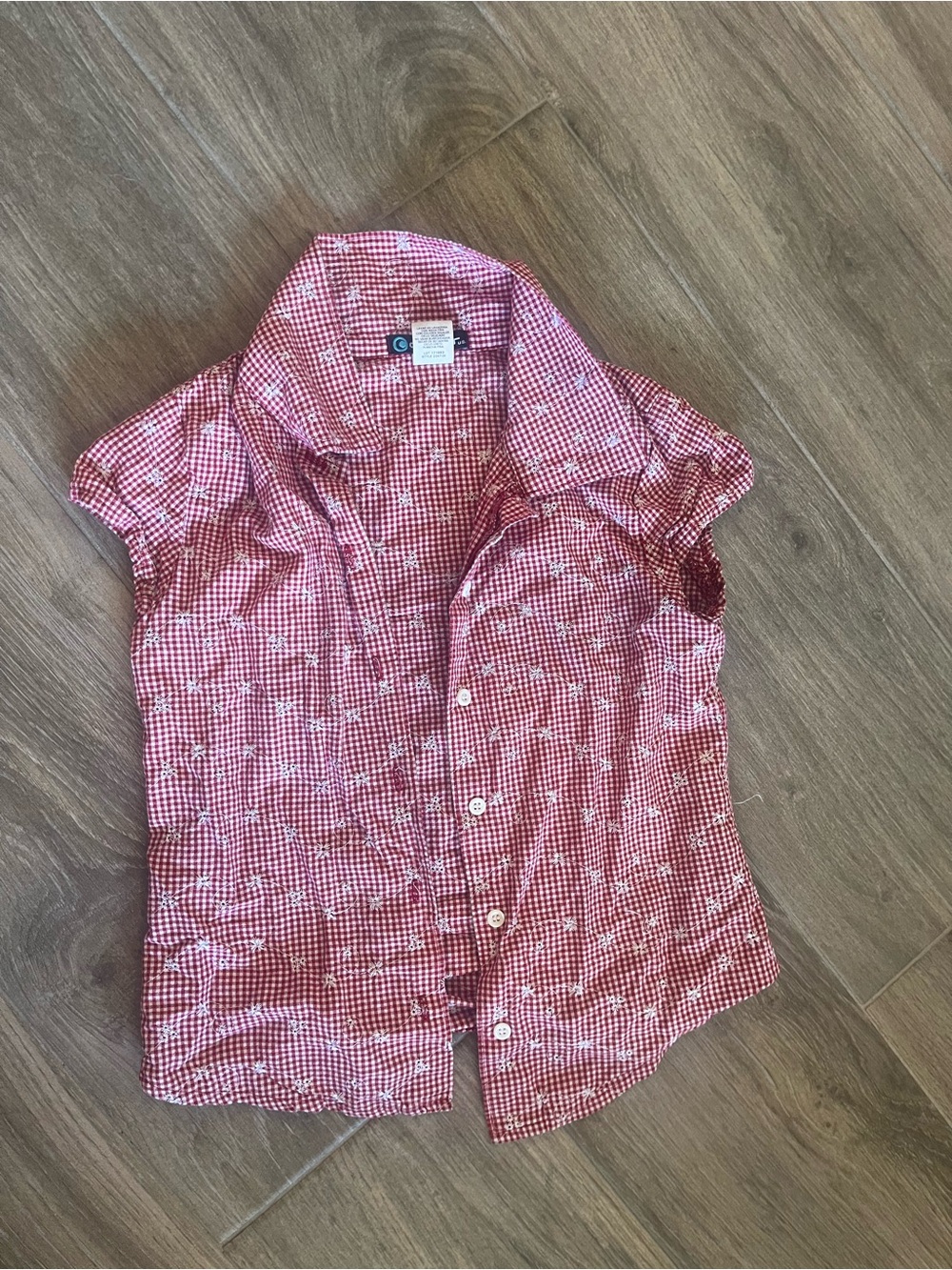 Girls' Red Gingham Button-Down Blouse with Cap Sleeves